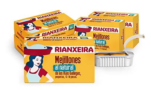 RIANXEIRA Pack de 8 latas x 111g. de Mejillones al Natural. Mejillones de las Rías Gallegas preparados en agua y sal. D.O.P. Mejillón de Galicia. Presentación 12-18 piezas.