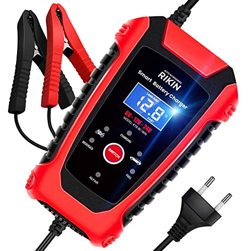 RIKIN Cargador de Batería Coche 6A 6V/12V/24V Cargador Rápido Automático Protección Múltiple con Pantalla LCD para Motos Automóviles Barco