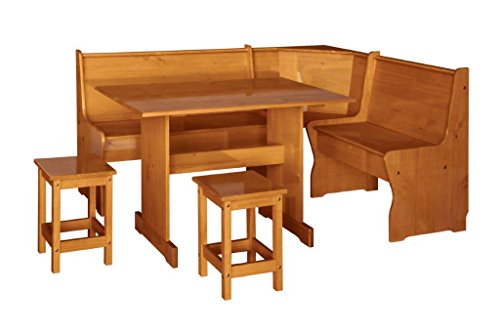 Rinconera con Mesa Y Taburetes , madera Pino, Color Miel 132X172X86 (bancos intercambiables)