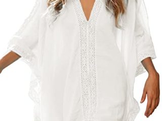 RITOSTA Vestidos Playeros Mujer - Camisa de Bikini Mujer Camisas de Mujer Ropa de Baño de Playa Blusa de Playa Suelto Bikini de Cordón Cubrir con Cuello V para Verano（Blanco,Talla única