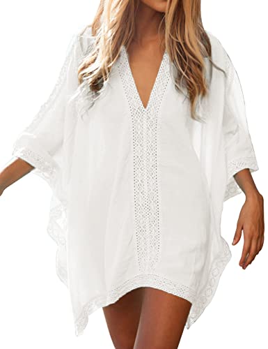 RITOSTA Vestidos Playeros Mujer - Camisa de Bikini Mujer Camisas de Mujer Ropa de Baño de Playa Blusa de Playa Suelto Bikini de Cordón Cubrir con Cuello V para Verano（Blanco,Talla única
