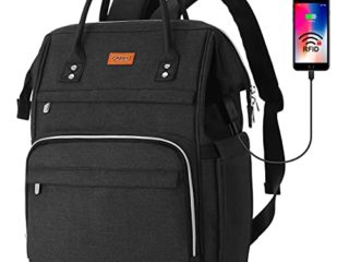 RJEU Mochila Portatil 15,6 Pulgadas con Bolsillo RFID,Mochila de ocio Mujer con Puerto de Carga USB para la Escolares/Escola/Negocios/Viajes(Negro)