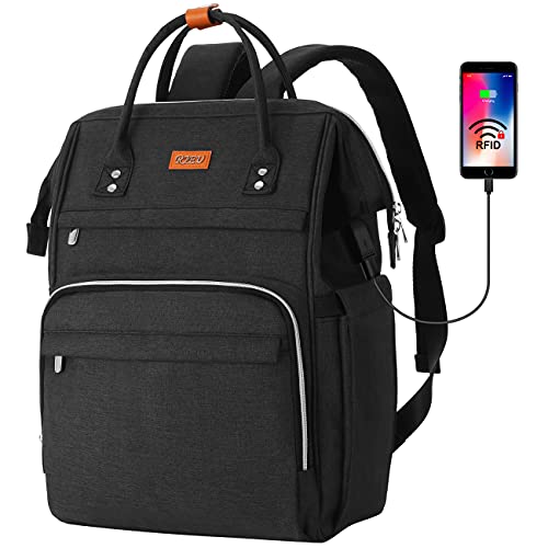 RJEU Mochila Portatil 15,6 Pulgadas con Bolsillo RFID,Mochila de ocio Mujer con Puerto de Carga USB para la Escolares/Escola/Negocios/Viajes(Negro)