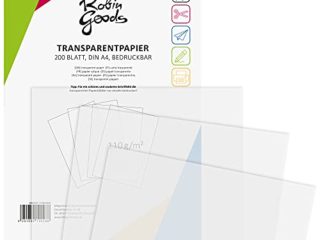 Robin Goods® 200 Hojas de Papel Transparente Premium DIN A4, 110 g/m², Super Calidad, imprimible, Papel Artesanal, Papel de calco, Papel pergamino, Papel de Arquitecto (200 Hojas - Transparente)