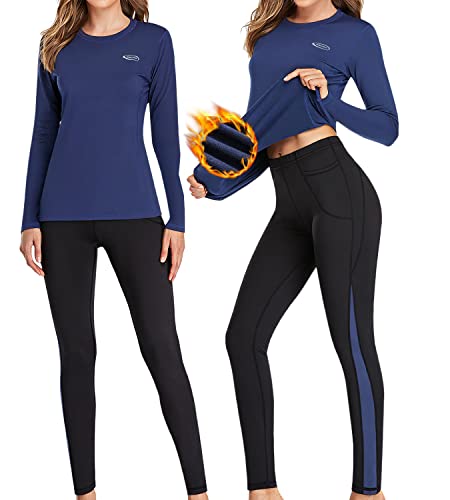 Ropa Interior Térmica Mujer, Camiseta Térmica Mujer Deportes Ropa Interior Funcional Conjuntos Térmicos Termo Invierno Otoño con muy elástica para Running Esquí Montaña Ciclismo Fitness Azul XXL