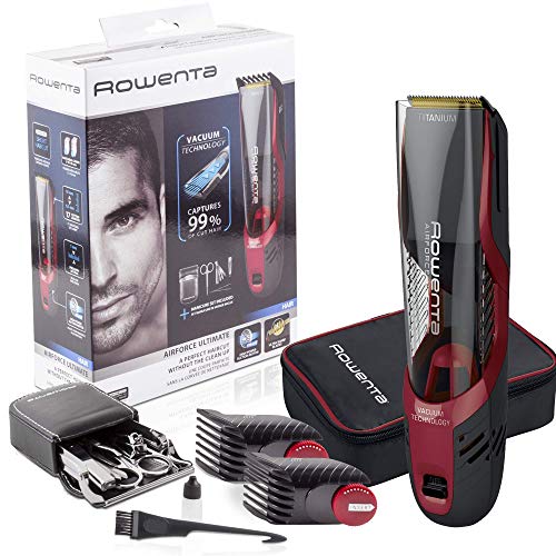 Rowenta Air Force Ultimate TN9310 - Cortapelos con sistema de aspiración de alto rendimiento con recubrimiento de titanio y cuchillas autoafilables, incluye set de manicura y neceser