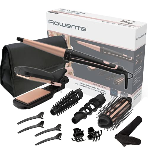 Rowenta Multistyler Infinitos Looks 14 en 1 CF4231 plancha pelo y rizador pelo, tenacillas, rizador de pelo, moldeador, cepillo pelo caliente, revestimiento cerámico, 190 °C, punta fría, Color Negro