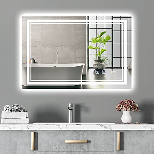 Ruinnykai Espejo de baño LED con retroiluminación Regulable, luz de inducción, Espejo de Maquillaje antivaho montado en la Pared (Horizontal/Vertical)(80 x 60 cm)