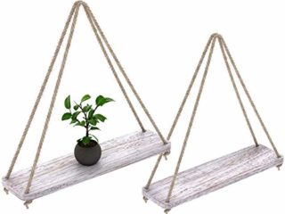 Ruiuzioong Juego de 2 estantes flotantes de madera con cuerda para colgar en casa de campo, estantes para sala de estar, pared de cocina, pequeños estantes con cuerda, 43 x 13 cm (blanco rústico)