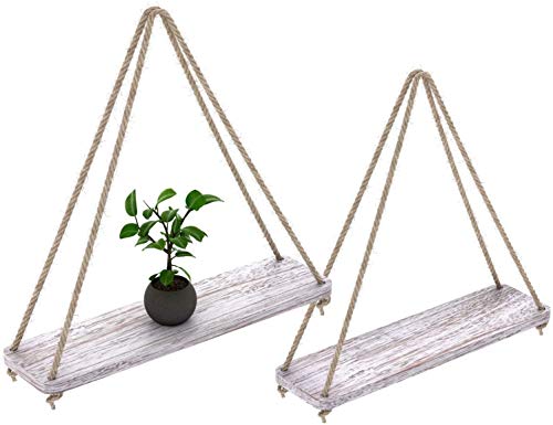Ruiuzioong Juego de 2 estantes flotantes de madera con cuerda para colgar en casa de campo, estantes para sala de estar, pared de cocina, pequeños estantes con cuerda, 43 x 13 cm (blanco rústico)