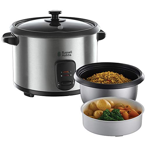 Russell Hobbs Arrocera Cook@Home - Capacidad para 1,8 L, Acero Inoxidable, Tapa de Vidrio, Vaporera, 700 W - 19750-56, Color Gris