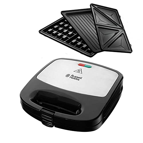 Russell Hobbs Sandwichera Fiesta 3 en 1-3 Placas Extraíbles,Sándwiches,Gofres y Grill Antiadherente,Apto para Lavavajillas(placas adicionales:cake pops,mini donut, churros),Negro y Plata-24540-56