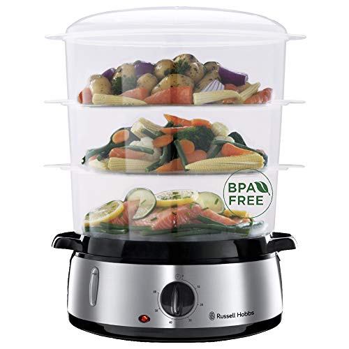 Russell Hobbs Vaporera Cook@Home - 3 Recipientes, Capacidad para 9 L, Arrocera, Sin BPA, Acero Inoxidable, 800 W, Color Negro - 19270-56