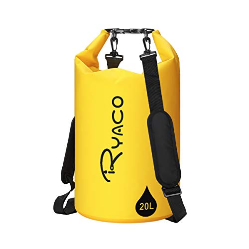 Ryaco Premium Bolsa estanca 20L Impermeable Seca PVC- Set de Bolsa Waterproof con Funda táctil de móvil y Correa de Hombro Larga Ajustable para Playa y Deportes al Aire(Rafting/Kayak/esquí/Pesca)