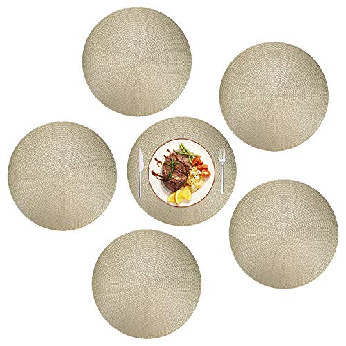 RZKJ-SHOP Manteles Individuales Redondos de PVC 38cm/15inch Trenzado Antideslizante Salvamanteles Lavables, Alfombrillas de Comedor Oro (Juego de 6)