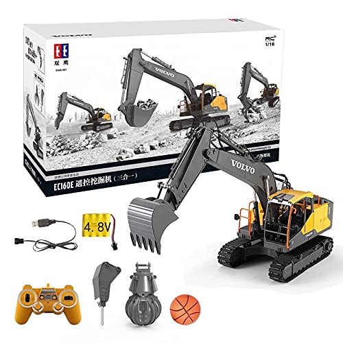 s-idee® E568-003 1/16 Volvo Licensed RC - Excavadora con función completa de 3 piezas y pelota, excavadora con mando a distancia y mango de madera con batería y cargador