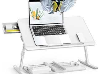 SAIJI Mesa para Ordenador portátil de Cama, Mesa de Ordenador Ajustable, Bandeja de Almacenamiento para Ordenador portátil, Patas Plegables, Patas de Trineo y Tablero de Piel PVC (Blanco)