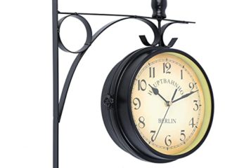 Samger Samger Reloj de Doble Cara Jardín Tren Estación Reloj de Pared con Soporte (Negro)
