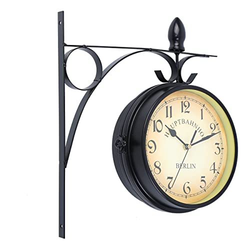 Samger Samger Reloj de Doble Cara Jardín Tren Estación Reloj de Pared con Soporte (Negro)