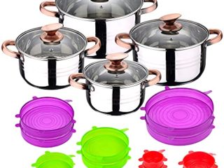 San Ignacio Bateria de cocina 8 piezas apta para induccion Altea en acero inoxidable con set de 12 tapas de silicona Jolie, PK3244