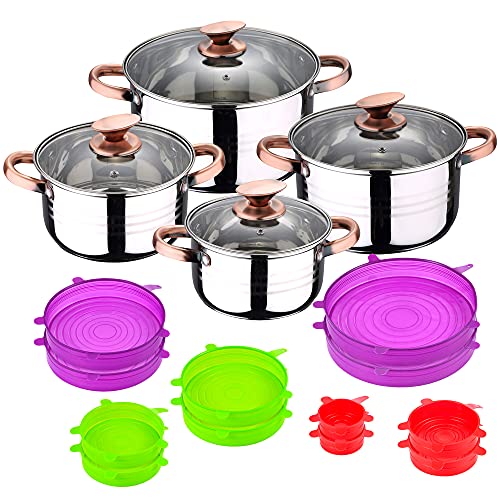 San Ignacio Bateria de cocina 8 piezas apta para induccion Altea en acero inoxidable con set de 12 tapas de silicona Jolie, PK3244