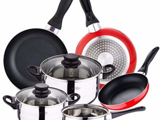 San Ignacio PK2356 Batería de cocina 5 piezas acero inoxidable y set 3pcs sartenes 16/20/24 rojo, aluminio prensado, inducción