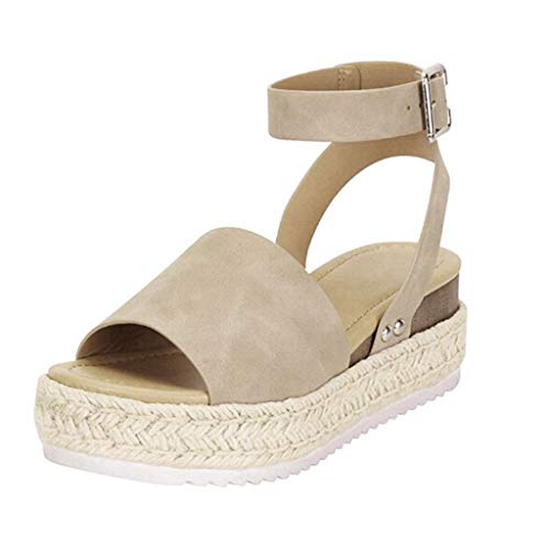Sandalias Mujer Verano 2022 cáñamo Fondo Grueso Sandalias Punta Abierta Cuero Fondo Plano Zapatos Bohemias Romanas Hebilla Zapatillas Gris 35-43 riou
