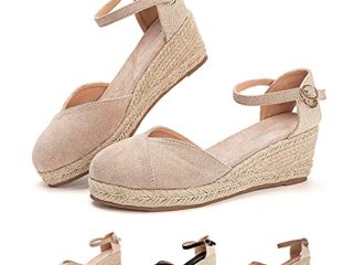 Sandalias Mujer Verano Cuña Alpargatas Plataforma Esparto Tacon Medio Alto Espadrilles Punta Cerrada Zapatos Elegantes Beige 37 EU