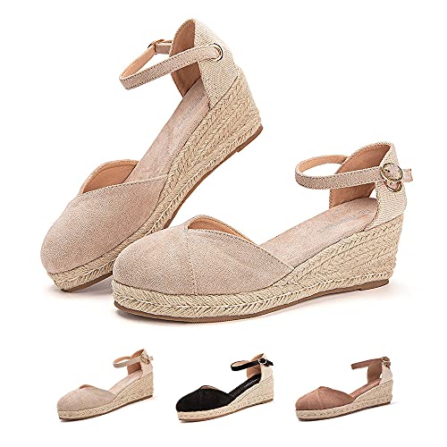 Sandalias Mujer Verano Cuña Alpargatas Plataforma Esparto Tacon Medio Alto Espadrilles Punta Cerrada Zapatos Elegantes Beige 37 EU