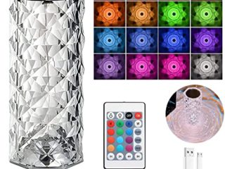 SanerCraft Lámpara de mesa de cristal de diamante, 16 colores USB de carga táctil lámpara de noche con control remoto, luces LED de escritorio de acrílico para dormitorio, bar/restaurante