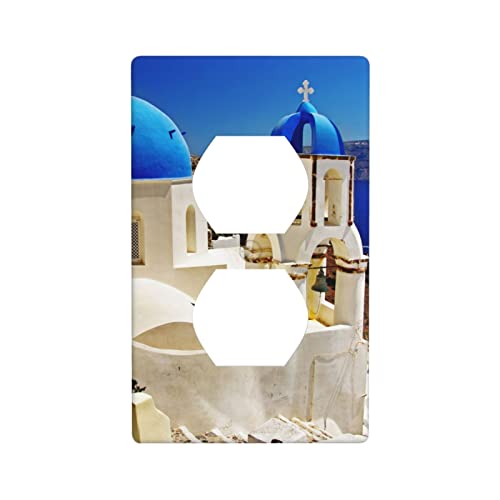 Santorini - Placa de pared con vista al mar de la isla griega de 4.5 x 2.76 pulgadas, cubierta decorativa de un solo receptáculo dúplex eléctrico de plástico para decoración frontal