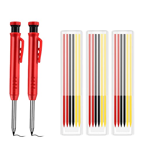 SAVITA 2 Piezas Lápices Mecánicos Carpintero con Sacapuntas, Set Lápices Carpintero Automáticos Incluye 20 Recambios de Lápiz Carpintero para Dibujar Marcar Trazar Carpintería (Rojo, Negro, Amarillo)