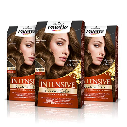 Schwarzkopf Palette Intensive - Tinte L4 cabello Avellana Luminoso – Perfecta cobertura de canas – Coloración Permanente de Cuidado con Aceite de Marula - Color duradero hasta 8 semanas (Pack de 3)