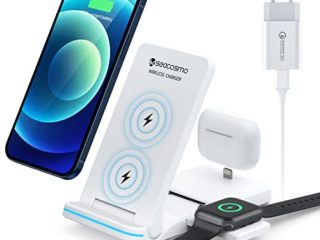 seacsomo Cargador Inalámbrico 3 en 1 Compatible con iPhone(7.5W) y QI móvil Samsung/Huawei(15W), Solo para iWatch(2.5W) y Airpods Pro/2/1(2.0W), Base de Cargador inductiva [con Adaptador QC 3.0]