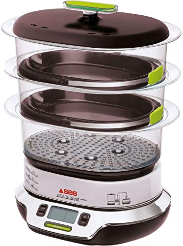 Seb VitaCuisine Compact - Olla al vapor, 3 cestas de vapor, sin BPA, 2 bandejas de cocción, jarrinas de cristal, soporte para huevos, libro de recetas, almacenamiento ultracompacto patentado VS405E00