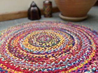Second Nature Online Sundar Alfombra de Tela Trenzada Redonda Hecha a Mano Tejido Plano con Tela reciclada Multicolor 60cm Diameter