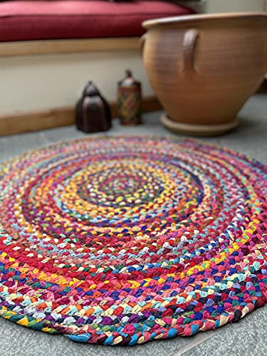 Second Nature Online Sundar Alfombra de Tela Trenzada Redonda Hecha a Mano Tejido Plano con Tela reciclada Multicolor 60cm Diameter