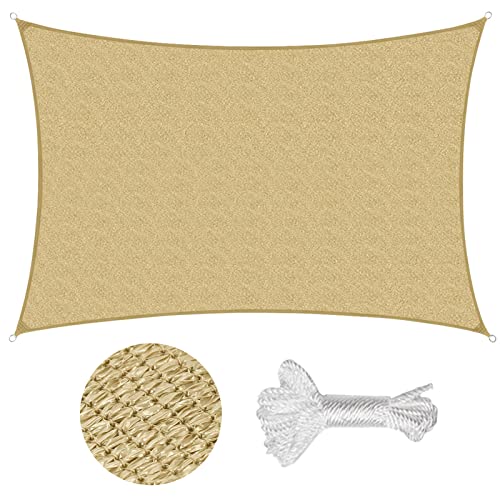 Sekey Toldo Vela de Sombra 2x3m Rectangular HDPE Prueba de Viento, Transpirable, Protección Rayos UV, para Terraza Patio Exteriores Jardín, con Ojales y Cuerdas de Fijación, Arena