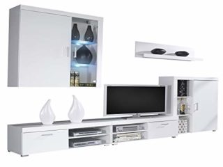 SelectionHome Mueble Comedor, Salon Moderno con Led, Acabado en Blanco Brillo Lacado y Blanco Mate, Medidas: 290 cm (Ancho) x 200 (Alto) x 45 cm (Fondo)