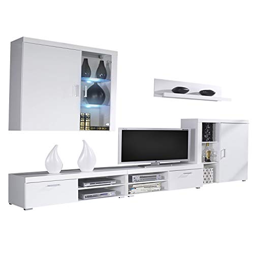 SelectionHome Mueble Comedor, Salon Moderno con Led, Acabado en Blanco Brillo Lacado y Blanco Mate, Medidas: 290 cm (Ancho) x 200 (Alto) x 45 cm (Fondo)