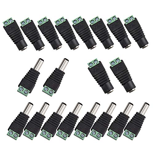 Senven® 20 Pcs Professional 5.5 X 2.1mm DC Conector Enchufe, 10 Pares 2 Pin Enchufe Macho & Socket Hembra Kit, 12V DC Jack Adaptador de Conector de Alimentación para Cámara CCTV LED Strip