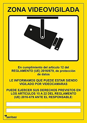 Seribas Señal Adhesiva Zona Videovigilada Cartel de Vinilo Adhesivo A4 21 x 30cm Amarillo Tinta y Material Resistente Interiores y Exteriores