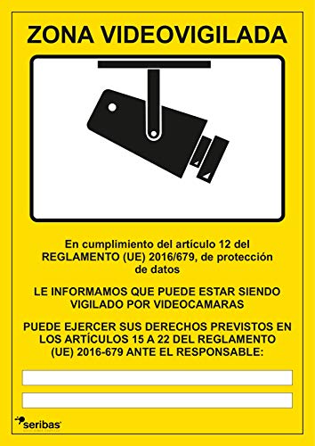 Seribas Señal Zona Videovigilada Cartel de PVC glaspack 0,7mm A4 21 x 30cm Amarillo Tinta y Material Resistente Interiores y Exteriores
