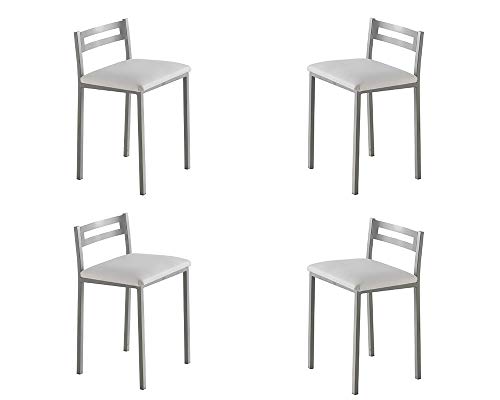 Set 4 taburetes de Cocina - Modelo MOLI - Color Plata/Blanco- Material Metal/Ecopiel - Medidas 34 x 34 x 65 cm