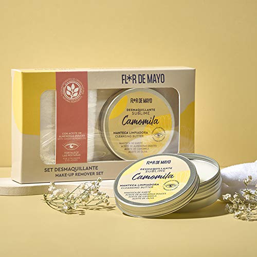 Set Crema Desmaquillante Ojos y Cara de Camomila, Manteca de Karité, Aceite de Oliva y de Almendras Dulces 90ml y Manopla Toallita Microfibra Reutilizable
