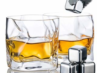 Set de 2 Vasos de Whisky, Vasos de Cristal para Whisky con 4 Cubitos de Hielo de Acero Inoxidable y Pinza para Hielo, Vaso de Whisky de Primera Calidad, Regalos para Hombres, Vaso para Brandy