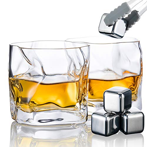 Set de 2 Vasos de Whisky, Vasos de Cristal para Whisky con 4 Cubitos de Hielo de Acero Inoxidable y Pinza para Hielo, Vaso de Whisky de Primera Calidad, Regalos para Hombres, Vaso para Brandy
