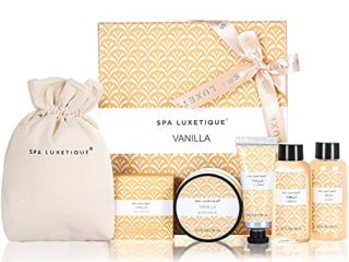 Set de Regalo para Mujer - Spa Luxetique Set de Spa a Fragancia Vainilla con 6 Piezas, Caja de Regalo para Ella, Incluye Gel de Ducha, Crema de Manos, Loción Corporal, Baño de Burbujas y Bolsa