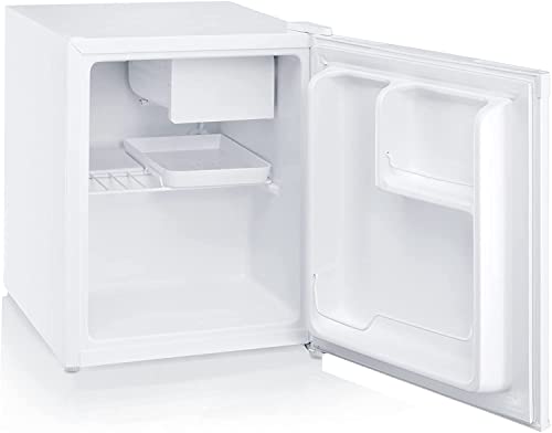 SEVERIN Mini frigorífico de 43 litros, nevera pequeña extrasilenciosa con bisagra reversible, mini nevera de bajo consumo con balda y cajón para conservar en frío, blanco, KS 9827