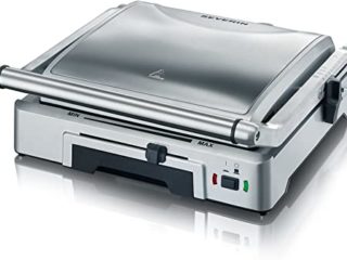 SEVERIN Parrilla grill de contacto para carne y sándwiches, sandwichera grill antiadherente para asar sin grasa, plancha grill de 1800 W, acero inoxidable y plateado, KG 2392